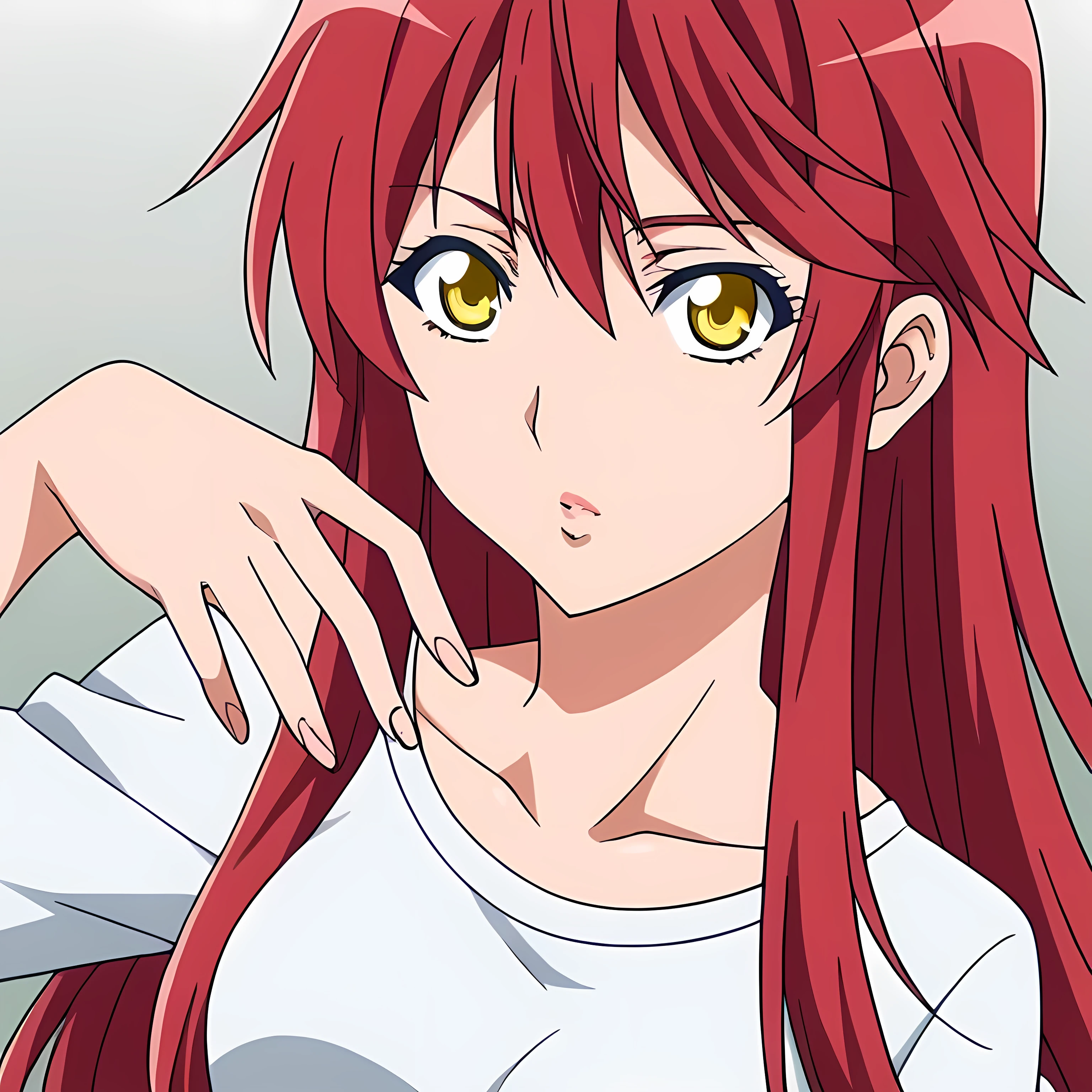  source_anime, long hair, yellow eyes, red hair, Pose of hand touching lips

solo icon 