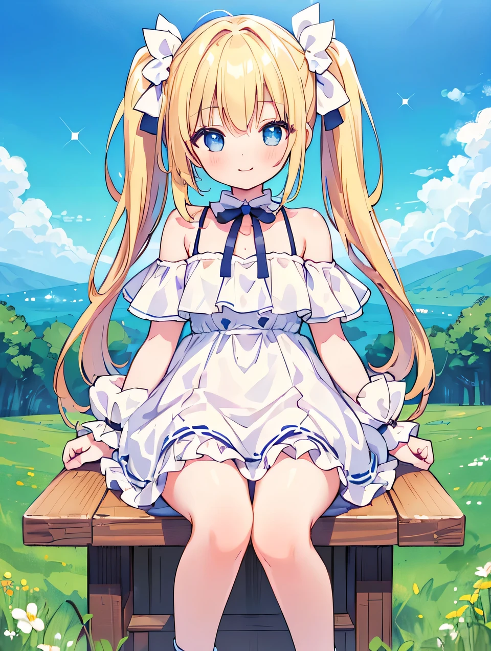 Highest quality,highest quality,masterpiece,8k,break,(Girl 1,17 years old,Blonde,Twin tails,Breaking white off-shoulder dress,White ruffle dress,cute,Watching the audience,smile,chestnut mouth),grassland,Blue sky,looking at viewers ,✌Hands,Sitting in a chair,