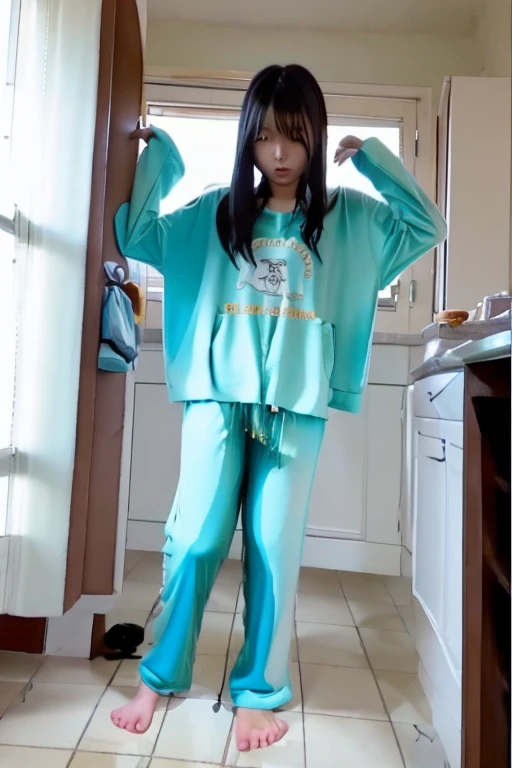 Japanese Girl thin body sees the ghost and pees her light blue lose pajama pants until his pants are wet pants in fright.