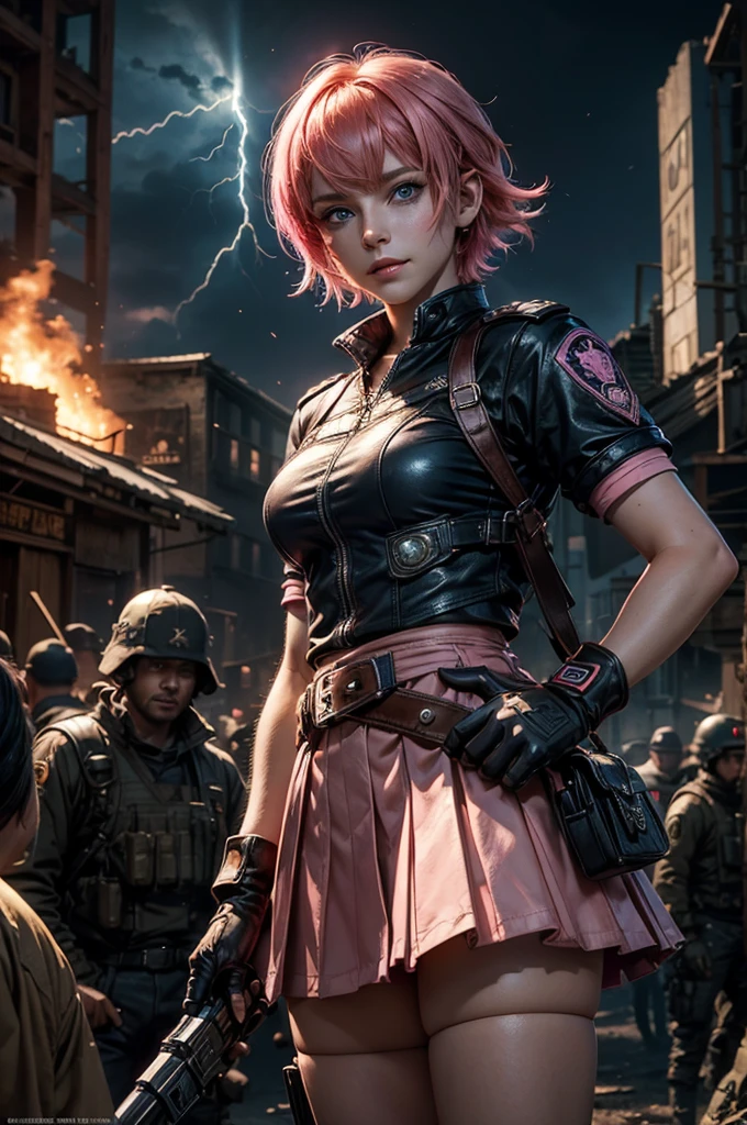  1girl,cowboy shot, beautiful nora_valkyrie, looking at viewer, smile, short hair, blue eyes,heart design on t-shirt, gloves,  jacket, pink skirt, pink belt, short sleeves, puffy sleeves, single armband, fingerless gloves, short hair, orange hair, pink gloves, dynamic pose, night, lightning, standing near old steam train, post-apocalypse, dystopian future, crowd, (crowd in military uniforms), bonfires, (volumetric lighting), best quality, masterpiece, intricate details, tonemapping, sharp focus, hyper detailed, trending on Artstation,