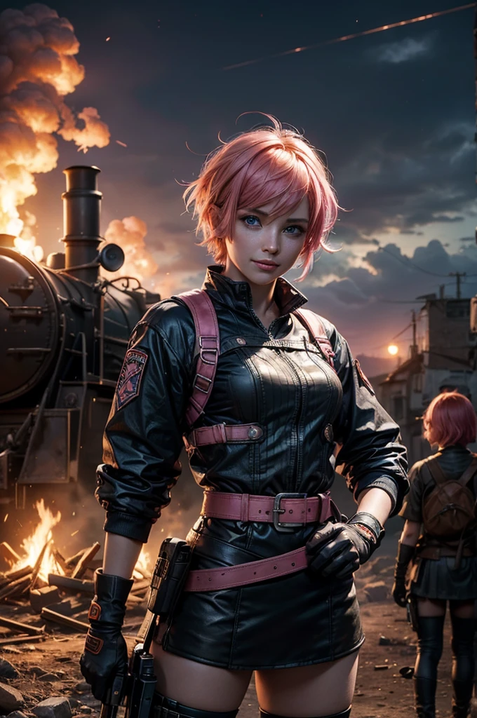 1girl,cowboy shot, beautiful nora_valkyrie, looking at viewer, smile, short hair, blue eyes,heart design on t-shirt, gloves, jacket, pink skirt, pink belt, short sleeves, puffy sleeves, single armband, fingerless gloves, short hair, orange hair, pink gloves, dynamic pose, night, lightning, standing near old steam train, post-apocalypse, dystopian future, crowd, (crowd in military uniforms), bonfires, (volumetric lighting), best quality, masterpiece, intricate details, tonemapping, sharp focus, hyper detailed, trending on Artstation,