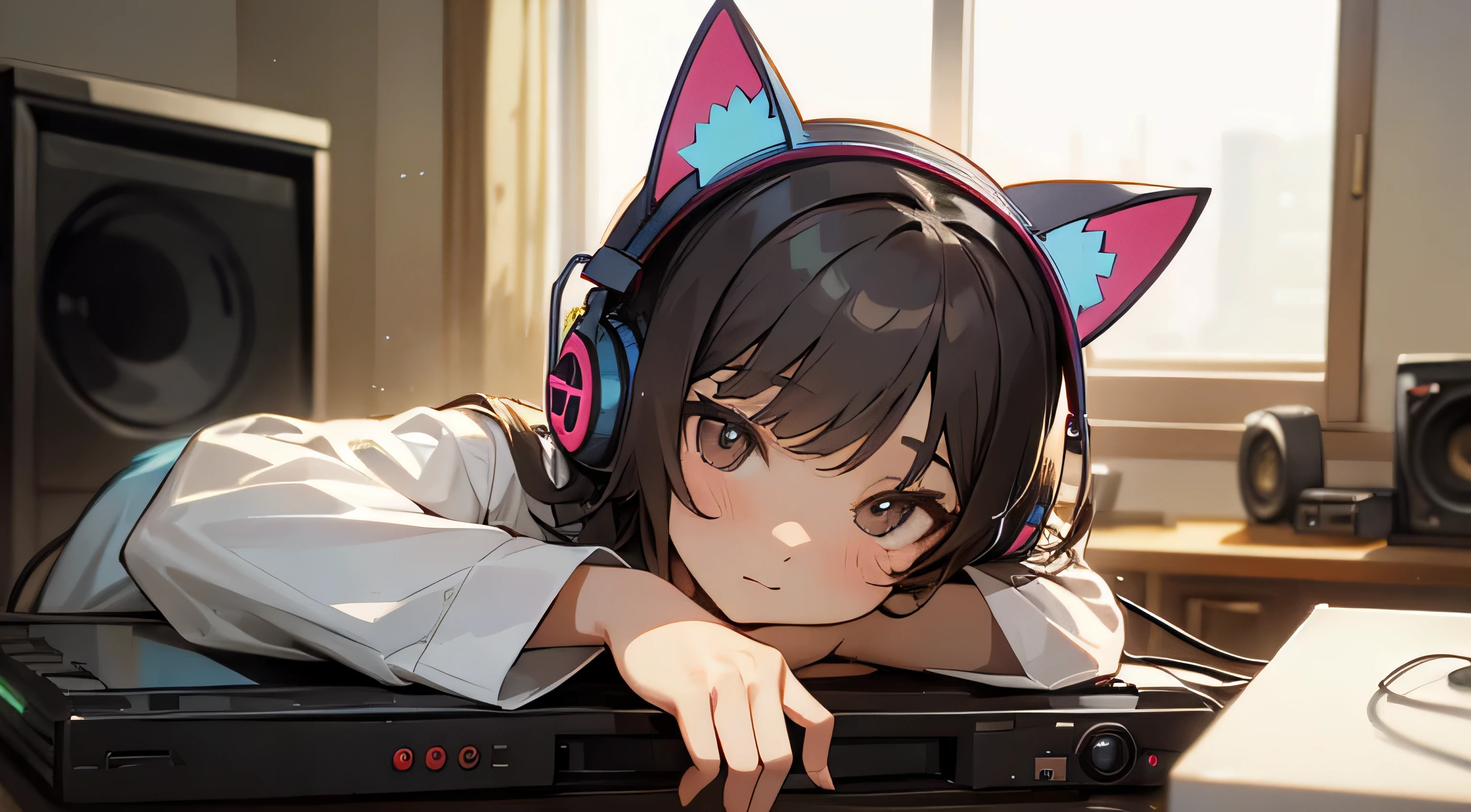 Room with speakers、Cat with headphones、Upper body close-up
