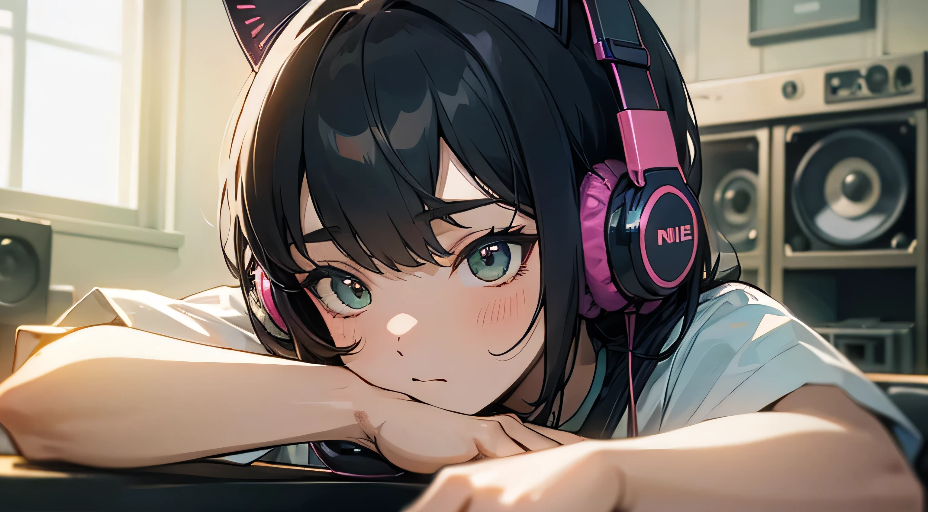 Room with speakers、Cat with headphones、Upper body close-up