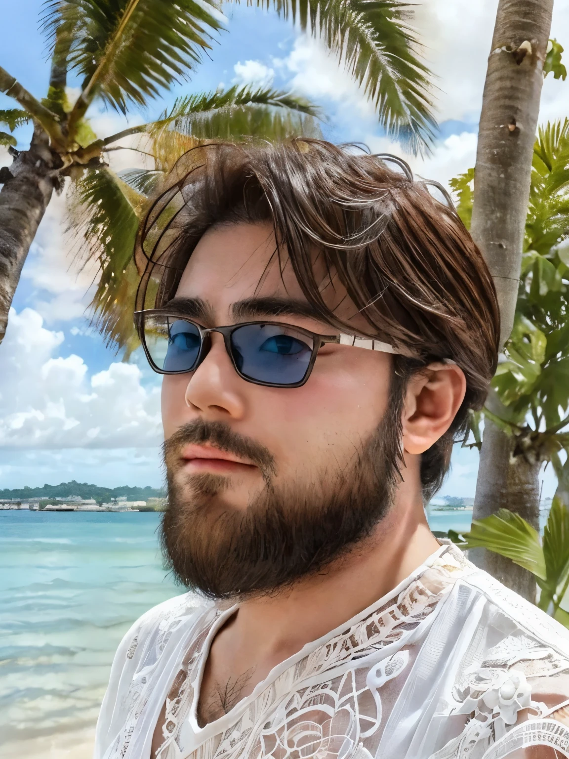 high details, super detail, One boy, beard, Midsummer, Tropics, (White clothes), ((Lace clothes)), (White lace), Male Model, sunlight, tropical, elegant, Airy, vintage, simple, casual, relax, nature光, blue sky, Seaside, Parasol, Tropical, sunglasses, Cool, Beach, Palm Tree, sense of openness, nature, Sunbathing, Summer Resort, (Cowboy shot)