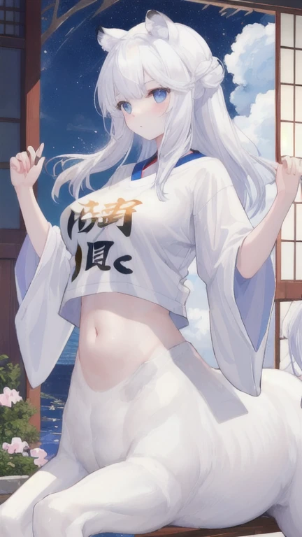 (best quality, masterpiece), 1 girl, centaur, It takes,White skin, Japanese , belly button t-shirt, 아름다운 소녀 perfect white tiger photo, perfect white tiger photo