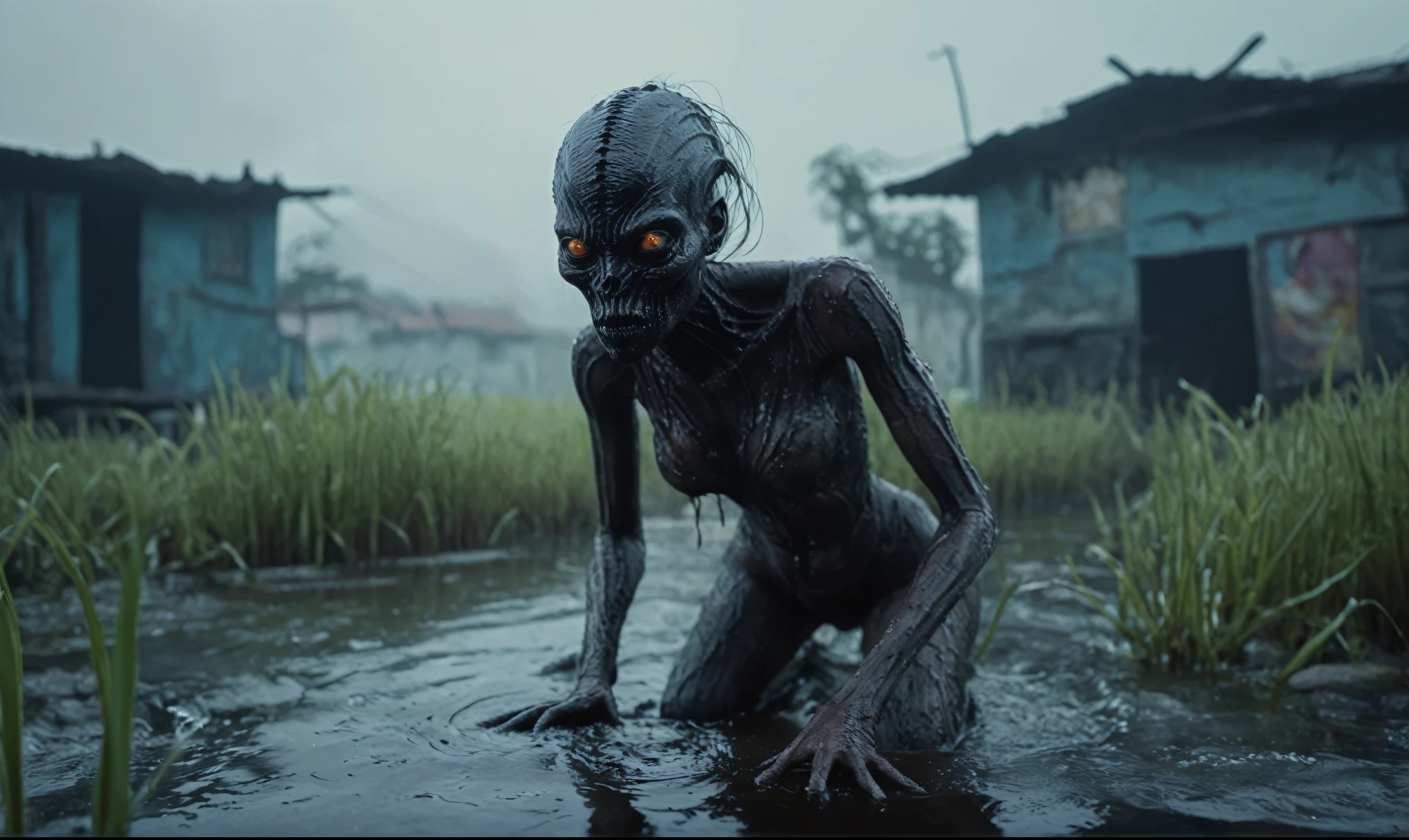 full-body-shot,niobium Manganite (The Alien Entity:favn:0.5), wants eat,survival in criminal favela for future,Cinematic,soft colors, Technicolor,natural skin textures, hyper realism, hyper detailed,Extremely detailed,High contrast,Masterpiece,Realistic,Ultra Detailed, intricate details,realistic humid leather,extremely intricate,Epic Realistic, cinematic style,irina yermolova,high contrast,HDR,extremely detailed, [deep night landscape],masterpiece,intricate details,faded,eyes extremely detailed, high detailed eyes,8k resolution,RAW,retina, Nikon Z9,pale demon woman crawling out the water in a foggy marsh, horror movie, cinematic look, creepy aesthetic, ultra detailed, photorealistic, masterpiece.
