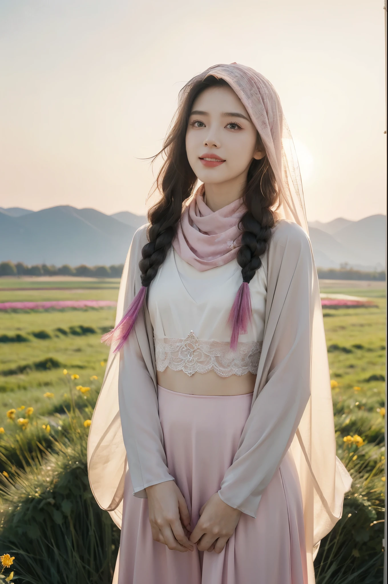 (Extremely meticulous CG),(((8k))),wallpaper,((Extremely refined and beautiful)),(((Masterpiece))),(((best qualtiy))),(((Ultra High Resolution))),beautiful light up,realistic shaded,(Smooth and flawless fair skin:1.5),(Extremely exquisite facial details:1.2),(ultra-detailed:1.5),((A beautiful Uyghur girl,solo)),(pink headscarf:1.3),(short dreadlocks:1.2),(small head:1.2),(slender face:1.2),(Exquisite makeup:1.3),(happy:1.2),(laughing:1.2),(see through veil:1.3),(perfect body:1.1),(maxi pink abaya:1.3),(small breasts:1.2),(flat chest:1.2),(pants:1.3),((slim,thin)),(from front:1.3),(standing:1.3),(arms behind back:1.2),(On the verdant grassland full of colorful flowers:1.5),(many colors:1.5),(cattles and sheeps:1.2),(boreal forest:1.2),(distant snowy mountains:1.2),(Azure sky and white clouds:1.2),(detailed background:1.3),(outdoor:1.3),(early summer:1.3),(day scene:1.3),(bright sunshine:1.3),(upper body:1.3)