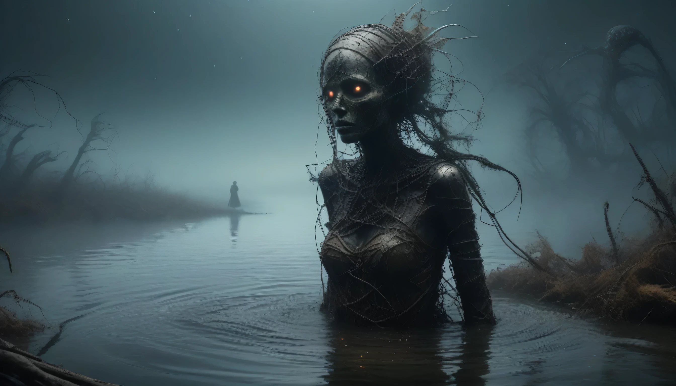 young graphite witch's mummy made of dead plants crawling out the water in a foggy marsh, radioactive atmosphere,charcoal abandoned mechanical clockwork Spaceship, steampunk dark horror fantasy, ominous landscapes,large number of stars fly towards the viewer,radioactive world,ruined theme,lots of toxic dust,amazon,full body length,once pretty face,full body length, eerie atmosphere, ethereal presence,  toxic mists, supernatural entities, sinister aura, dark and twisted branches, macabre elements, eerie and ominous lighting，Complicated detail,captivating creation,intricate details,extremely detailed,masterpiece,intricate details,eyes extremely detailed, high detailed eyes,32k resolution, Nikon Z9,After tsunamis,like Stone Forest in Yunnan Province of China,Simon Stalenhag,Nicola Samori,Wangechi Mutu, horror movie, cinematic look, creepy aesthetic, ultra detailed, photorealistic, masterpiece.