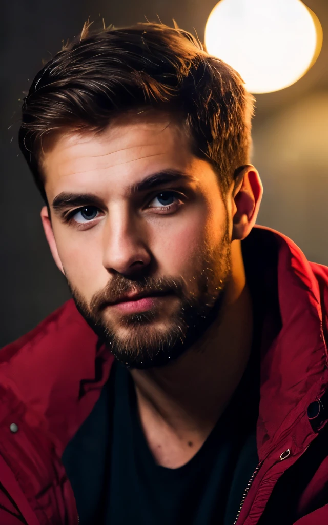 A handsome young man with dark hair and blue eyes is looking at the camera with a pensive expression. He is wearing a red jacket and has a beard. The background is blurry and out of focus. The image has a warm and inviting atmosphere. It is painted in a realistic style with soft lighting.