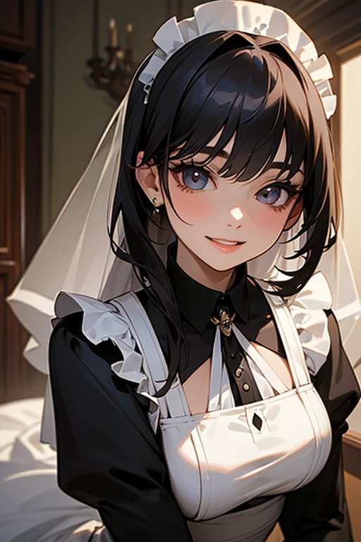 (Highest Resolution, clear_image) highest quality, Single person, One woman, alone, masterpiece, Very detailed, Semi-realistic, Black Hairのショートヘア, Black Hair, bangs, 18-year-old, mature, Wedding dress、Indoor Background, kind, Authoritative, Powerful, exquisite features, exquisite features、Eyelashes become longer、Showing teeth、smile😀、Maid clothes、woman'Fingers in the、Sleeping on the sofa、Long Hair、Fluttering in the wind、