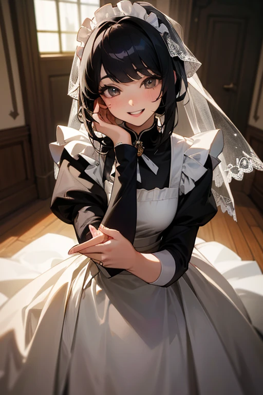 (Highest Resolution, clear_image) highest quality, Single person, One woman, alone, masterpiece, Very detailed, Semi-realistic, Black Hairのショートヘア, Black Hair, bangs, 18-year-old, mature, Wedding dress、Indoor Background, kind, Authoritative, Powerful, exquisite features, exquisite features、Eyelashes become longer、Showing teeth、smile😀、Maid clothes、woman'Fingers in the、Sleeping on the sofa、Long Hair、Fluttering in the wind、