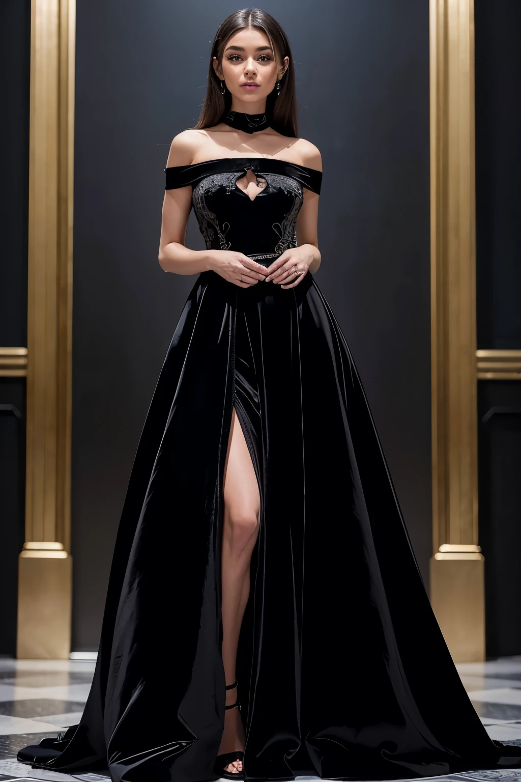 2024 Trendsetting Evening Gown for a Spoon-Shaped Body Woman in Black:
Masterpiece: 1.5, Stunning Spoon-Shaped Body Woman, Black Dress, 2024 Trend, Soft Smile, Realistic, 1woman, Sleek Silhouette, Flattering for Curves, Detailed Design, Trend-Setting Lace Detailing, off-shoulder style, high-neck, modern belted waist, enhancing waist-to-hip ratio, intricate beadwork, reflecting 2024 fashion trends, luxurious material, perfect fit, fashion-forward, black velvet, Black sat