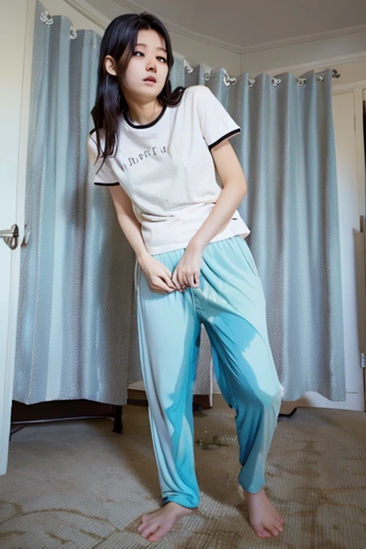 Japanese Girl thin body wearing a white short-sleeved t-shirt sees the ghost and pees her light blue lose pajama pants until his pants are wet pants in fright.