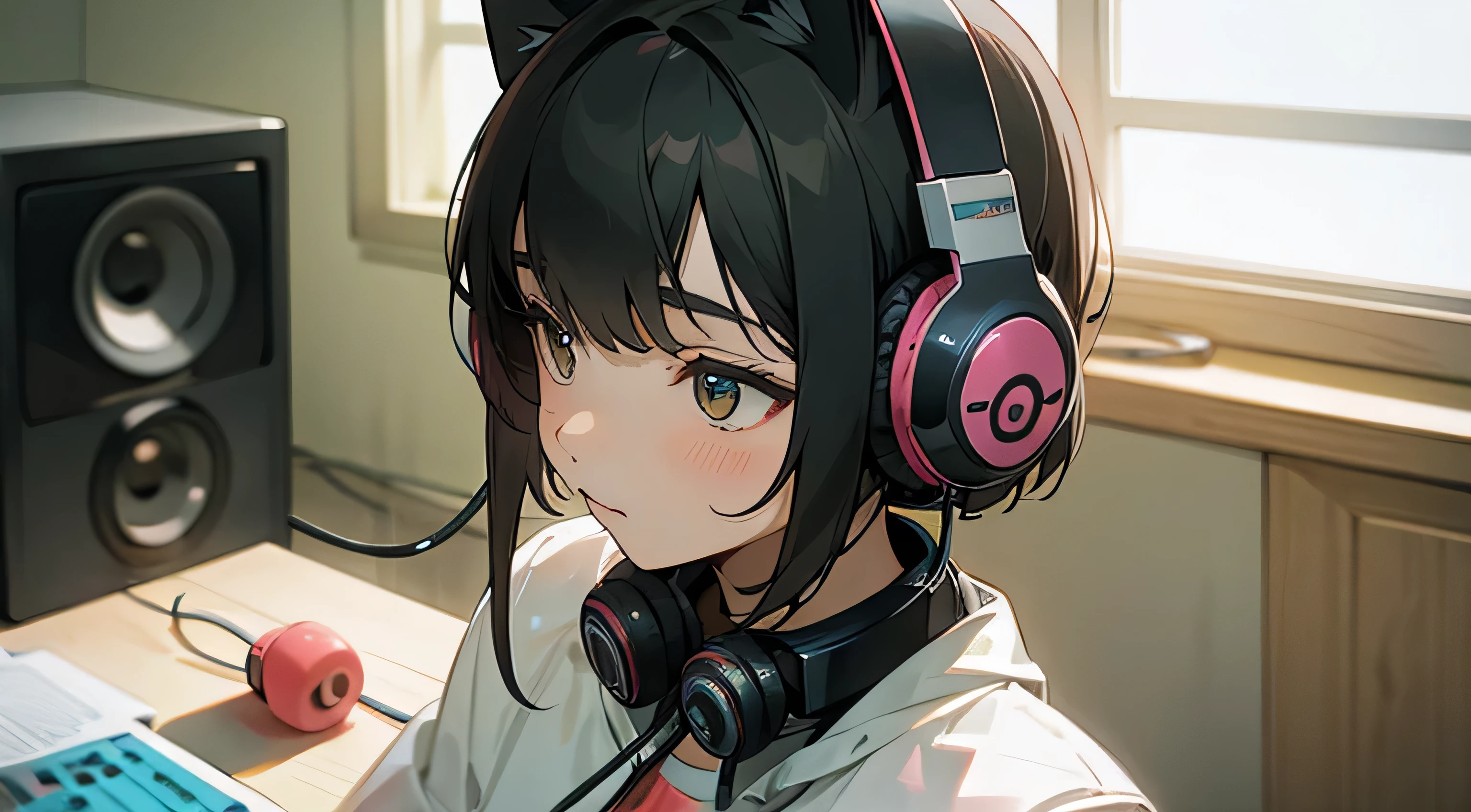 Room with speakers、Cat with headphones、Upper body close-up