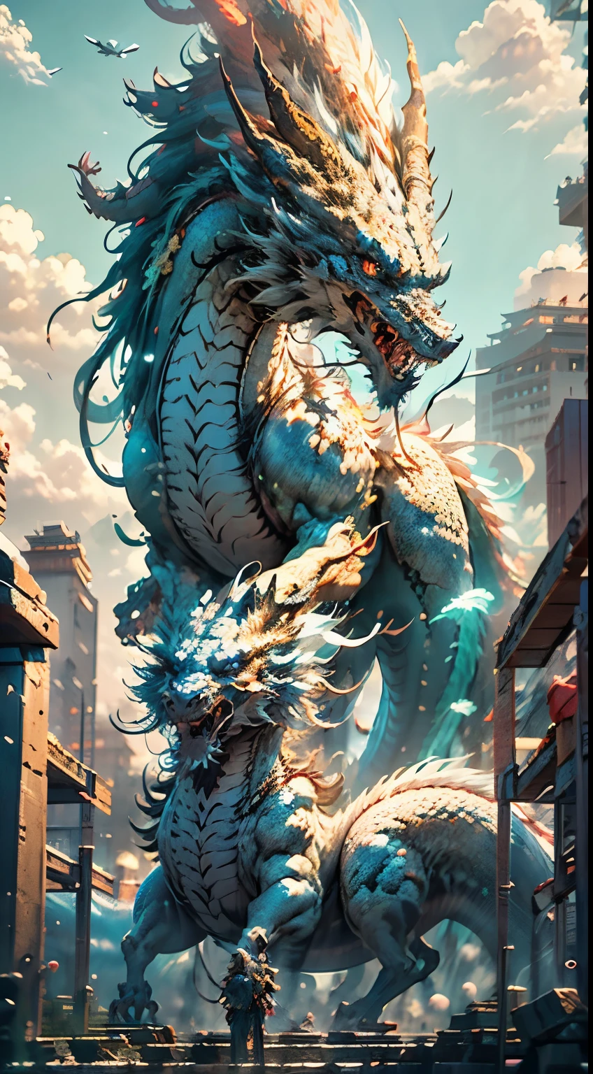 Chinese white dragon soaring into the sky，（Girl who controls dragon：1.3），（The girl has her back to the camera：1.3），Clouds in the sky surround，The magic of light，Great background，Meaning background，Ridiculous Background，Has artistic overlay，Multicolored Hair, Surrealism, Cinema Lighting, Ray Tracing, Divine Light, Speed Line, viewing angle, Hyper HD, masterpiece, 最high quality, Super detailed, High resolution, high quality，（Vision：1.3）