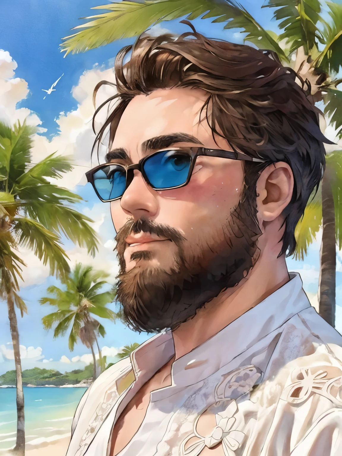 high details, super detail, One boy, beard, Midsummer, Tropics, (White clothes), ((Lace clothes)), (White lace), Male Model, sunlight, tropical, elegant, Airy, vintage, simple, casual, relax, nature光, blue sky, Seaside, Parasol, Tropical, sunglasses, Cool, Beach, Palm Tree, sense of openness, nature, Sunbathing, Summer Resort, shoot from front