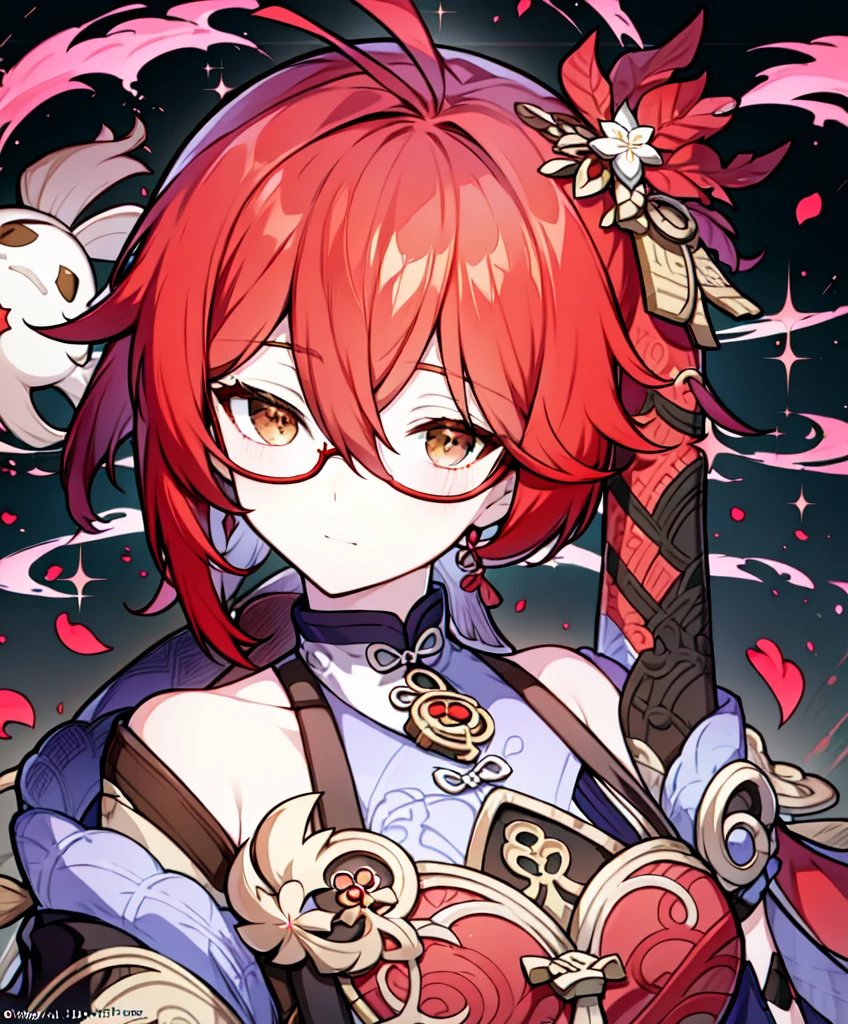 An anime girl character with red hair, short hair, brown eyes, black glasses, dress, by Yang J, onmyoji, Signora from genshin impact, Arlecchino from genshin impact, onmyoji portrait, official art Splash, Splash art