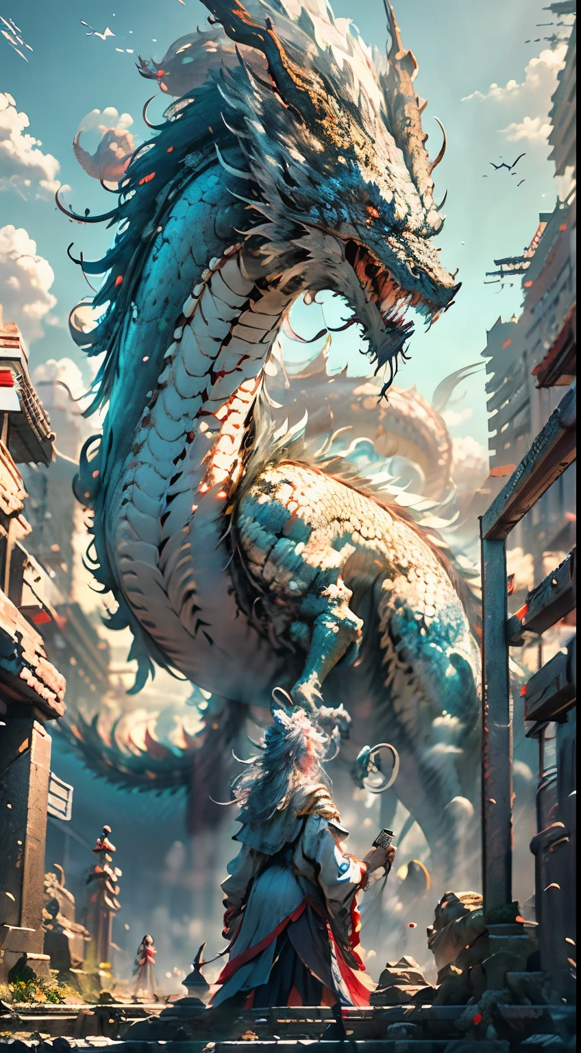 Chinese white dragon soaring into the sky，（Girl who controls dragon：1.3），（The girl has her back to the camera：1.3），Clouds in the sky surround，The magic of light，Great background，Meaning background，Ridiculous Background，Has artistic overlay，Multicolored Hair, Surrealism, Cinema Lighting, Ray Tracing, Divine Light, Speed Line, viewing angle, Hyper HD, masterpiece, 最high quality, Super detailed, High resolution, high quality，（Vision：1.3）