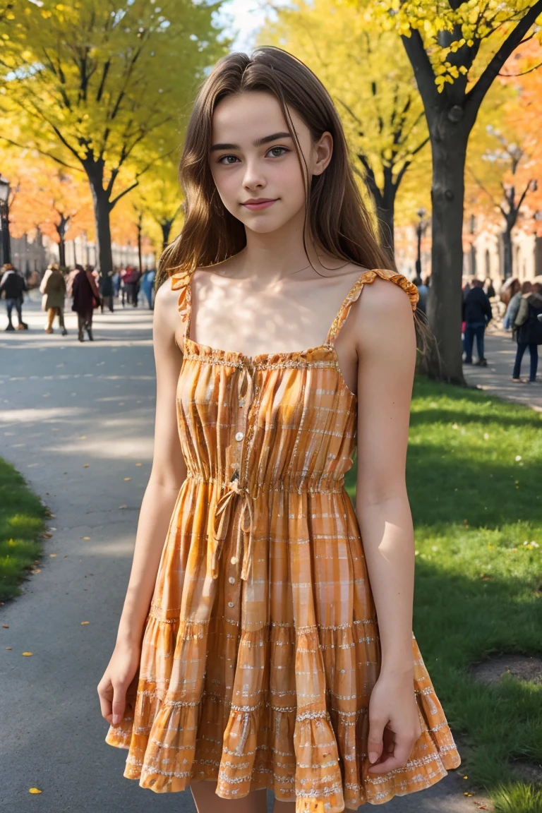 A beautiful introverted European 15 years old girl wearing a short light plunging summer colorfull dress, thigs, high detail face, high detail skin, small size breasts, 8k, HDR, high resolution, photo-realistic, cinematic lighting, depth of field, bokeh, rim lighting, backlit, cool colours, in Central Park, night, 8K