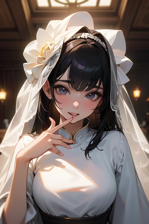 (Highest Resolution, clear_image) highest quality, Single person, One woman, alone, masterpiece, Very detailed, Semi-realistic, Black Hairのショートヘア, Black Hair, bangs, 18-year-old, mature, Wedding dress、Indoor Background, kind, Authoritative, Powerful, exquisite features, exquisite features、Eyelashes become longer、Showing teeth、woman'Fingers in the、Sleeping on the sofa、Long Hair、Fluttering in the wind、