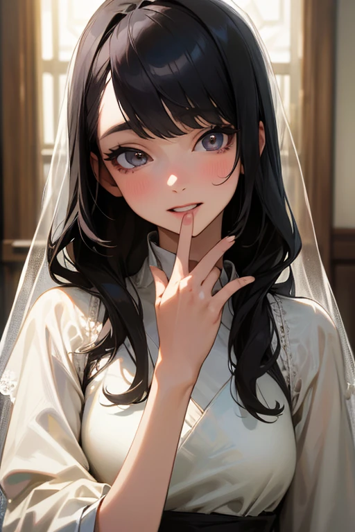 (Highest Resolution, clear_image) highest quality, Single person, One woman, alone, masterpiece, Very detailed, Semi-realistic, Black Hairのショートヘア, Black Hair, bangs, 18-year-old, mature, Wedding dress、Indoor Background, kind, Authoritative, Powerful, exquisite features, exquisite features、Eyelashes become longer、Showing teeth、woman&#39;Fingers in the、Sleeping on the sofa、Long Hair、Fluttering in the wind、