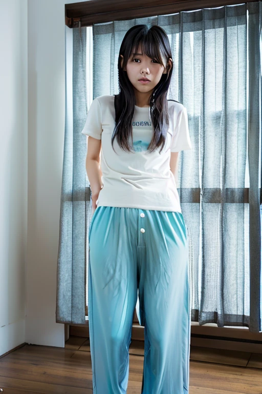 Japanese Girl thin body wearing a white short-sleeved t-shirt sees the ghost and pees her light blue lose pajama pants until his pants are wet pants in fright.