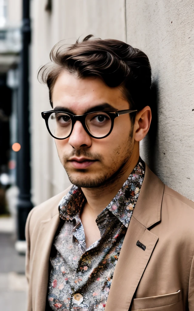 A man in a beige jacket and floral shirt is standing against a wall. He is looking at the camera with a serious expression. The background is a blur of light and dark colors. The man is wearing hot specs. 
