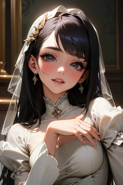 (Highest Resolution, clear_image) highest quality, Single person, One woman, alone, masterpiece, Very detailed, Semi-realistic, Black Hairのショートヘア, Black Hair, bangs, 18-year-old, mature, Wedding dress、Indoor Background, kind, Authoritative, Powerful, exquisite features, exquisite features、Eyelashes become longer、Showing teeth、woman'Fingers in the、Sleeping on the sofa、Long Hair、Fluttering in the wind、