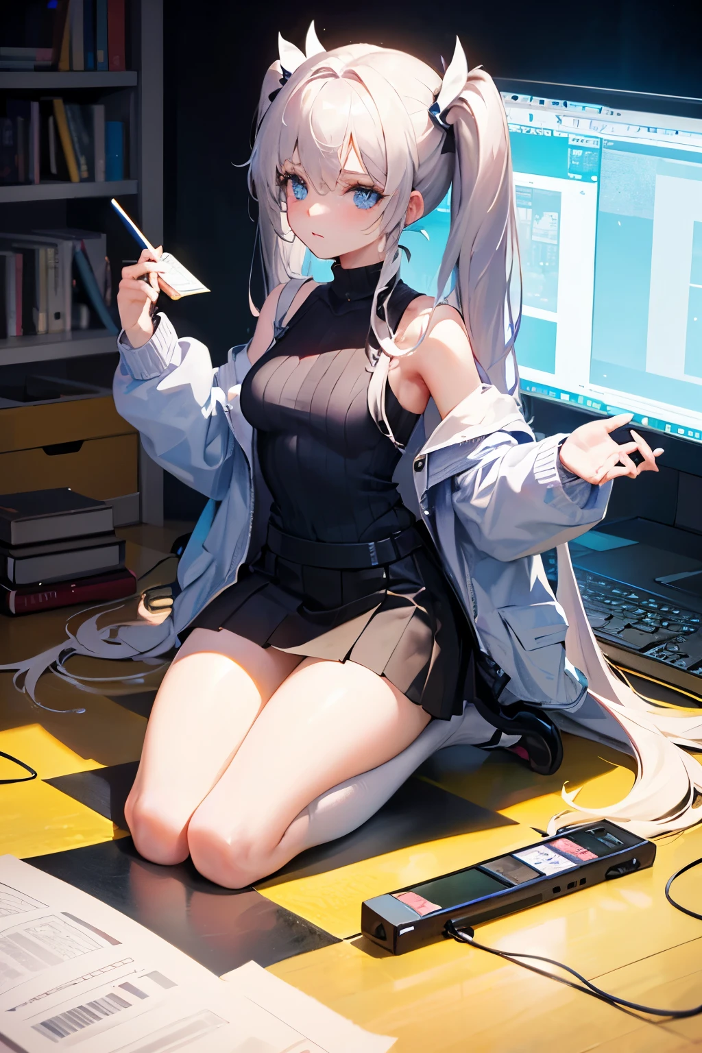 Digital Art, Digital Illustration, ((4K, 8K)), Ultra-detailed, beautiful image, Sharp Image, a close up of a woman in a short skirt and a grey sweater, trending at cgstation, anime barbie doll, trending on cgstation, anime girl in real life, anime vtuber full body model, ((long white hair),(blue eyes), twin tails hair, ( ), (very small round breasts)