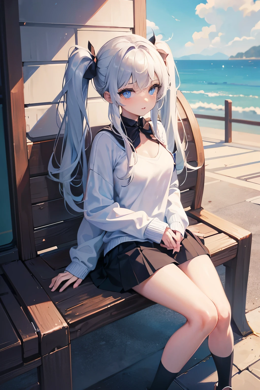 Digital Art, Digital Illustration, ((4K, 8K)), Ultra-detailed, beautiful image, Sharp Image, a close up of a woman in a short skirt and a grey sweater, trending at cgstation, anime barbie doll, trending on cgstation, anime girl in real life, anime vtuber full body model, ((long white hair),(blue eyes), twin tails hair, ( 16 years old), (very small round breasts)