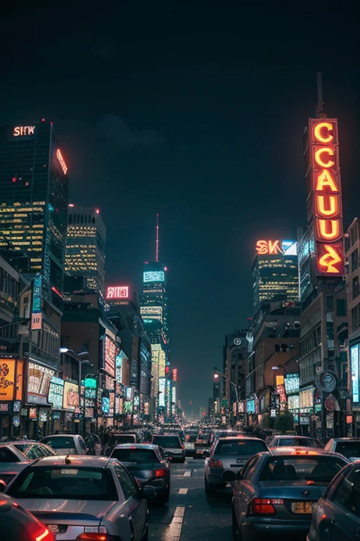 The bustling city is filled with traffic and people. Skyscrapers rise up and neon lights flash with colorful light.