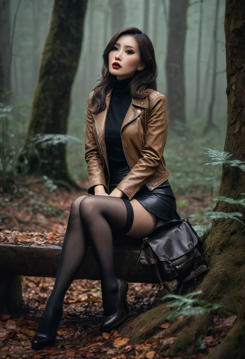 8k, ultra-detailed, grainy film photo, masterpiece,muted colors, muffled light, dusk, rainy, moody, noir, woman in forest, elegant sitting, elegant pose, detailed stockings, turtleneck, pencil skirt, faded leather jacket, beautiful long brunette hair, depraved, asian:0.5, fetishistic makeup, 5fingers, beige, brown, red