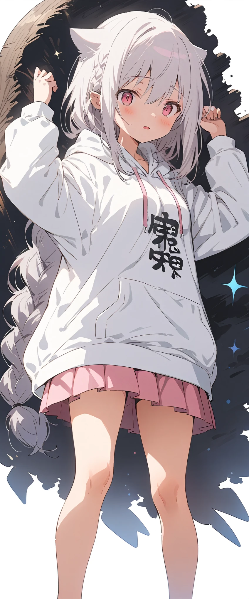 White background、white background、Blank background、Ultra-high resolution, highest quality,Solo,just standing girl, One young girl、Full body view from the front、fish-bone braid hair、Fishbone Hair、grayish white hair、beautiful detailed eyes、Grey hair x pink eyes、pink eyes、Drop your gaze、face down、Depressed expression、Ample breasts、Plain white hoodie、Pink pleated skirt、barefoot