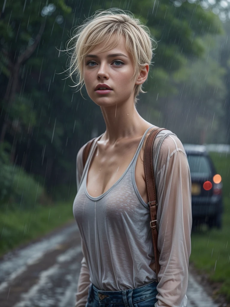 Masterpiece, a half body shot of a beautiful european Danish girl crying in a countryside road, rainy, trees around the road, walking, wet shirt, soaked clothes, wet hair, short pixie hair, light blond hair, blue eyes, runners skinny body, pale skin, ((small perky breasts, exposed breatsts)), 16K, ultra high resolution photorealistic, UHD, RAW, DSLR, sharp focus, natural lighting