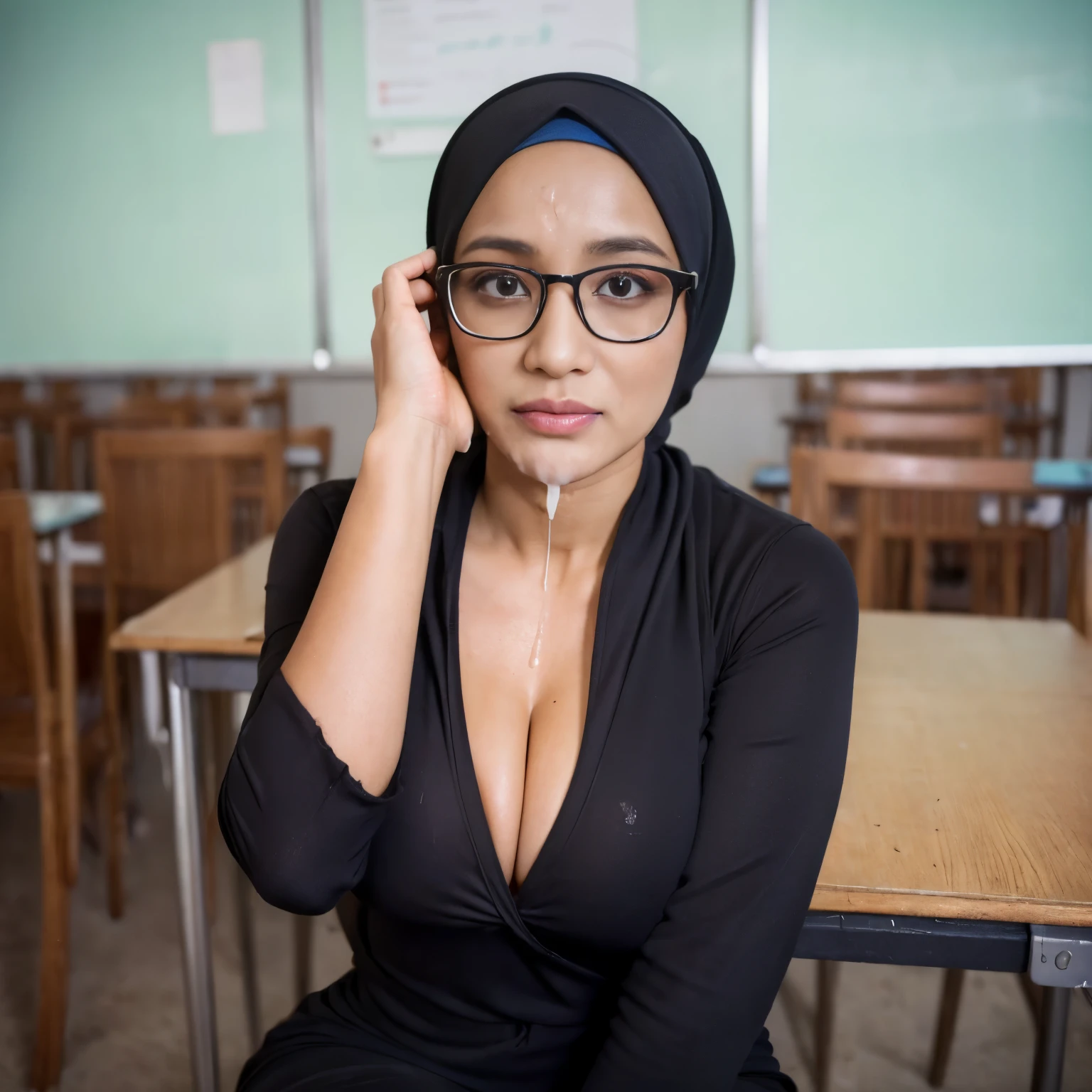 ((beautiful Nerd Indonesian college Lecturer woman)), 45 Years old, Middle age woman, name Nur Aini Damayanti, ((black eye)), wearing nerd eyewear, ((Hijab)), ((Tight modern baju kurung)), ((look rich Woman)),calm,confident,happy,beautifull body,looking at viewer, Sitting on desk in classroom, (photo, photorealistic:1.37), (ultrahigh-res), half body, Sexy pose, hyper detailed POV, by lee jeffries, nikon d850, film stock photograph ,4 kodak portra 400 ,camera f1.6 lens ,rich colors ,hyper realistic ,lifelike texture, dramatic lighting , cinestill 800, ((Natural Huge breast)), Getting Moleister, a lot of her student recording her Moleistering, blushed face through, Having squeezing Breast, ((Her Clothes being Torn Apart)), ((Showing her Delicious breast)), ((a lot of sperm liquid through at her beauty lewd face)), ((Her hand tied up on wall)), ((Open-Up Of Her mouth Filled Of Sperm Liquid))