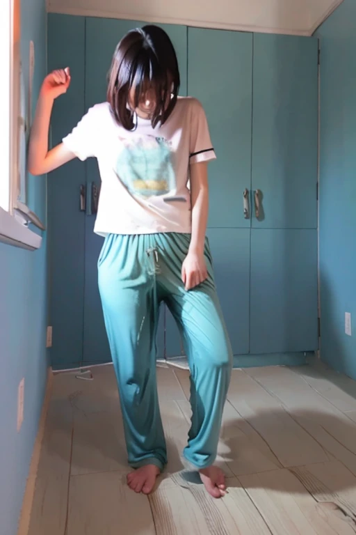 Japanese Girl thin body wearing a white short-sleeved t-shirt sees the ghost and pees her light blue lose pajama pants until his pants are wet pants in fright.