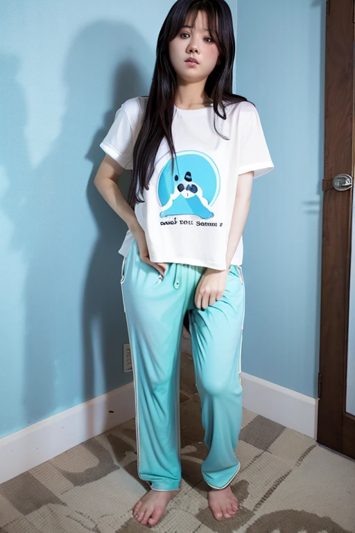 Japanese Girl thin body wearing a white short-sleeved t-shirt sees the ghost and pees her light blue lose pajama pants until his pants are wet pants in fright.
