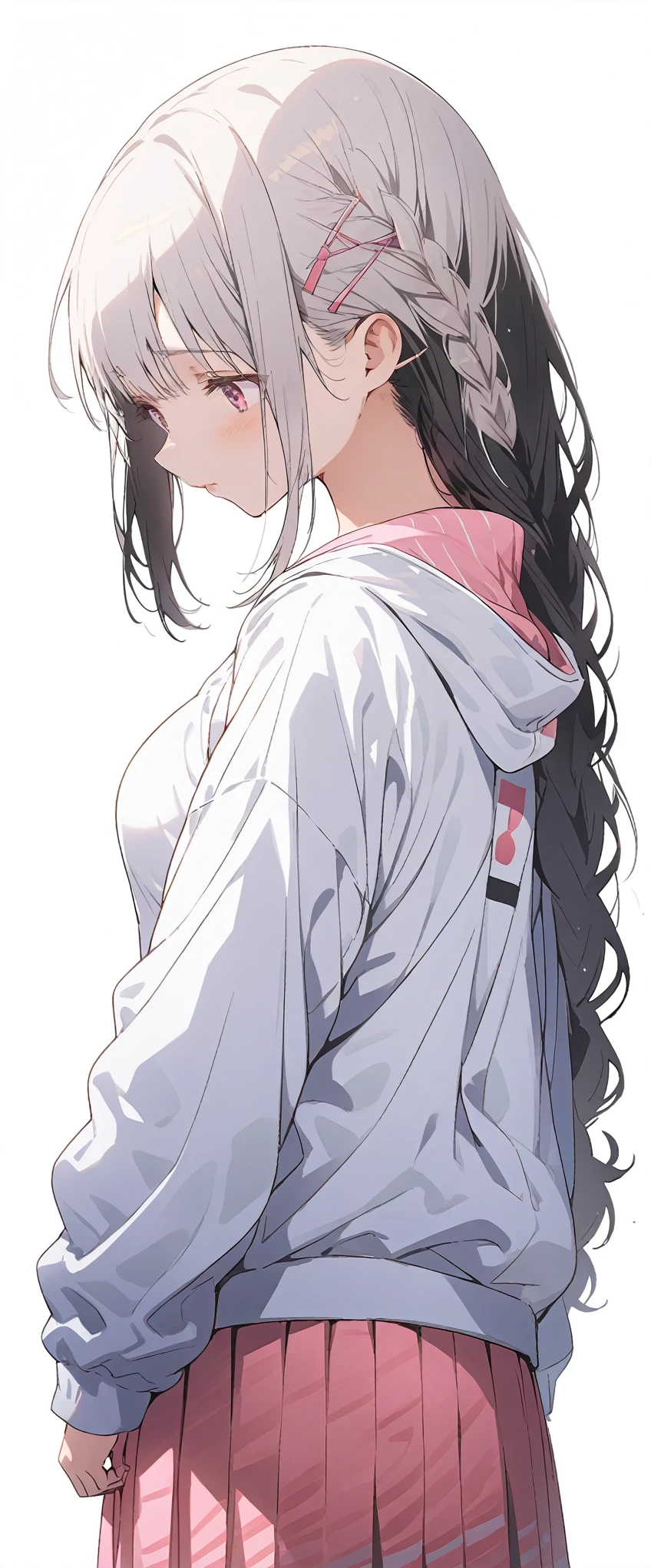White background、white background、Blank background、Ultra-high resolution, highest quality,Solo,just standing girl, One young girl、Full body view from the front、fish-bone braid hair、Fishbone Hair、grayish white hair、beautiful detailed eyes、Grey hair x pink eyes、pink eyes、Drop your gaze、face down、Depressed expression、Ample breasts、Plain white hoodie、Pink pleated skirt、barefoot