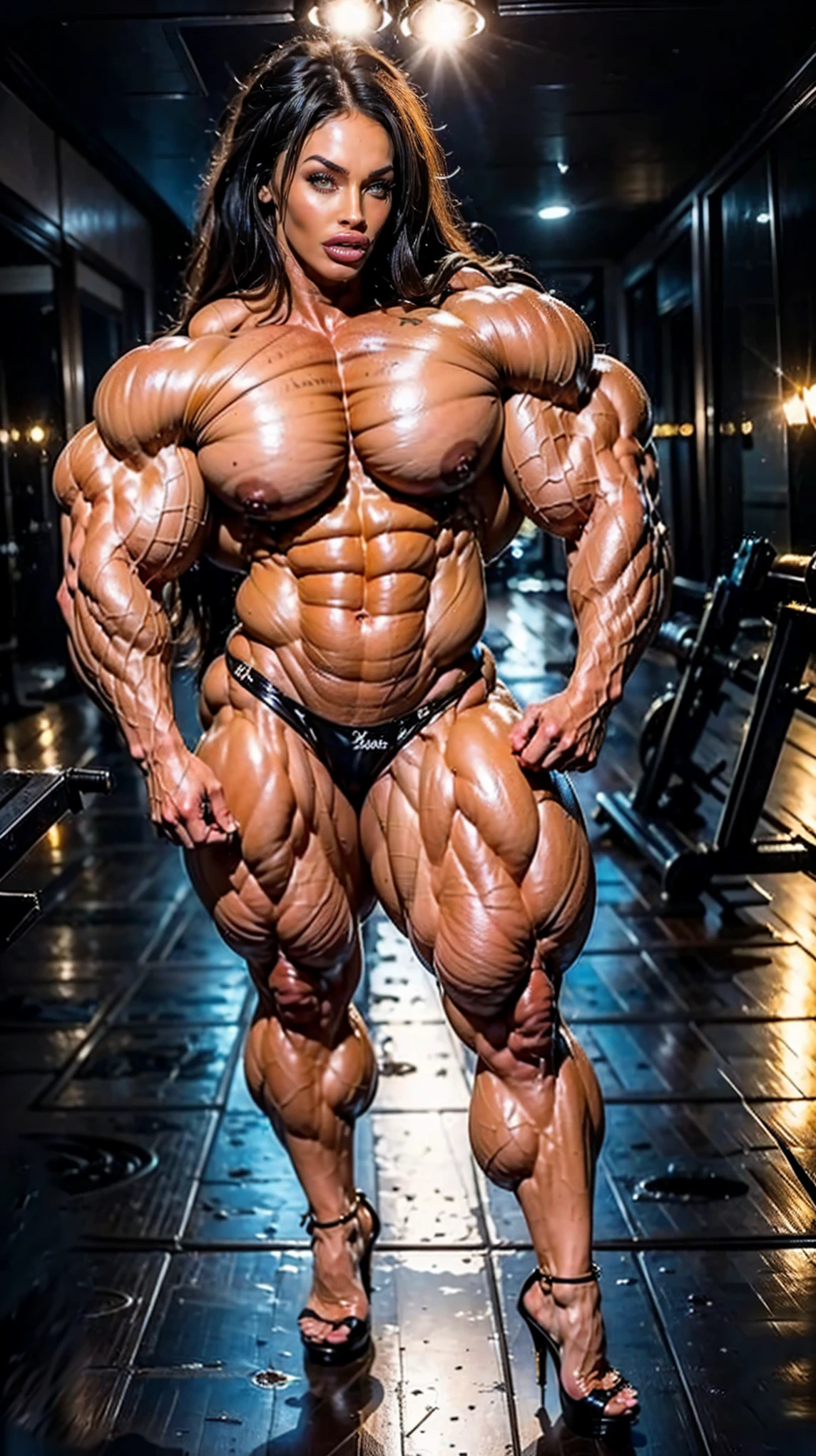 (1 girl), (megan fox:1.25), muscular female bodybuilder model, (very long hair:1.25), (very wide shoulders:1.25), Exquisite bust, (((oily skin))),sweating profusely,incredibly sexy,muscular calves,Toned abs,Looming,Pointed-toe heels,Strike sexy poses,The spotlight shines on her, (beautiful girl face:1.25)