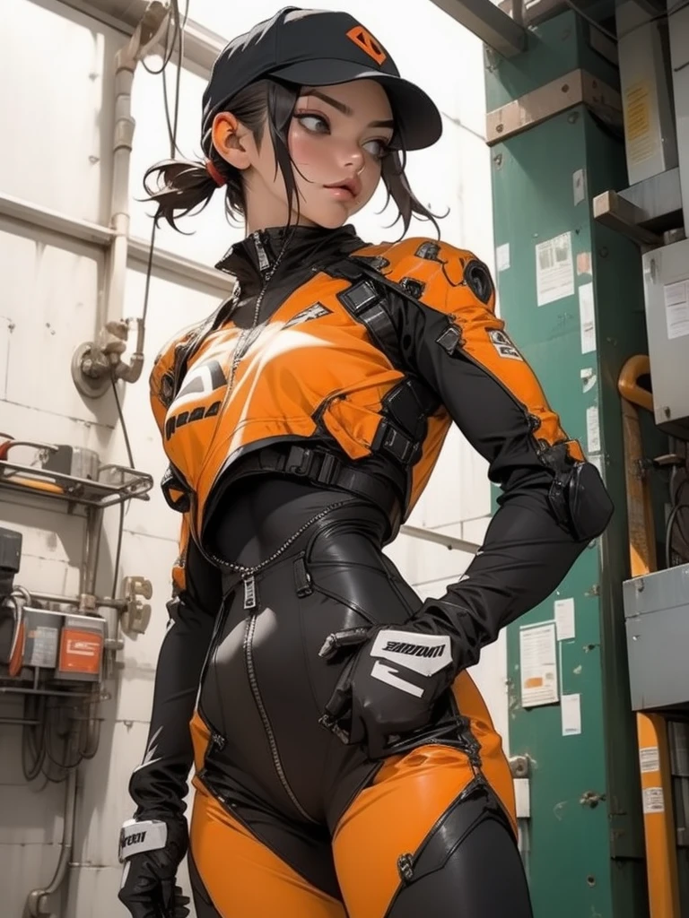 Nijistyle, A muscular 35-year-old woman working hard in a nearly naked steel industry in Simon Bisley style, She wears a cap and is working hard operating machines in the production of parts for robots, suada, pele molhada de suor, suja, cansada jaqueta laranja com tipografias, ((( cr de laranja ))), corpo perfeito, seios grandes com decote, ((( cabelo curto ))), ((( rosto adulto ))), ( Darryl Hanna ), Minimum clothing, Tiny floss, Nijistyle, jantar adulto, cena sensual, extremamente sexy