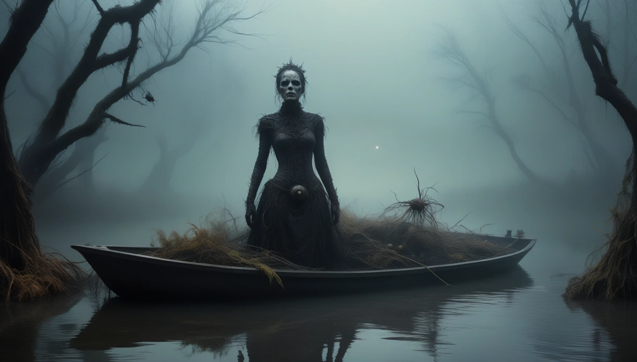 young graphite witch's mummy made of dead plants crawling out the water in a foggy marsh, radioactive atmosphere,charcoal abandoned mechanical clockwork Spaceship, steampunk dark horror fantasy, ominous landscapes,large number of stars fly towards the viewer,radioactive world,ruined theme,lots of toxic dust,amazon,full body length,once pretty face,full body length, eerie atmosphere, ethereal presence, toxic mists, supernatural entities, sinister aura, dark and twisted branches, macabre elements, eerie and ominous lighting,Complicated detail,captivating creation,intricate details,extremely detailed,masterpiece,intricate details,eyes extremely detailed, high detailed eyes,32k resolution, Nikon Z9,After tsunamis,like Stone Forest in Yunnan Province of China,Simon Stalenhag,Nicola Samori,Wangechi Mutu, horror movie, cinematic look, creepy aesthetic, ultra detailed, photorealistic, masterpiece.