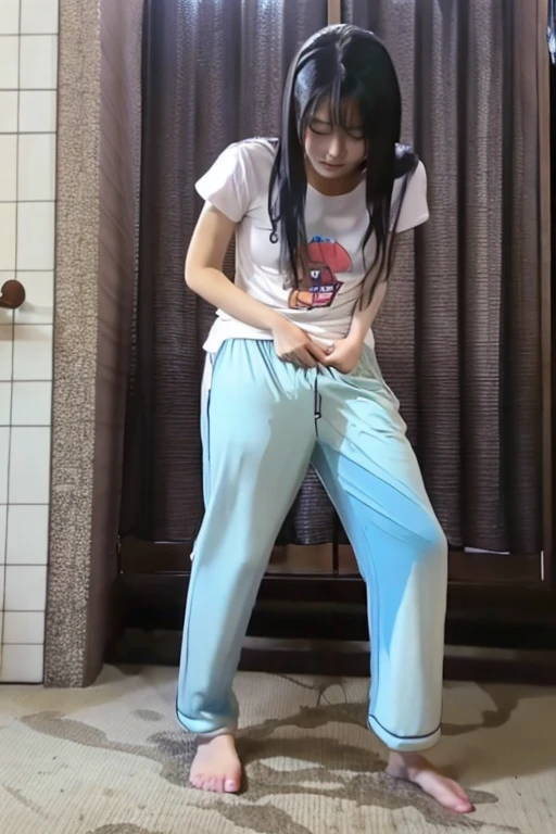 Japanese Girl thin body wearing a white short-sleeved t-shirt sees the ghost and pees her light blue lose pajama pants until his pants are wet pants in fright.