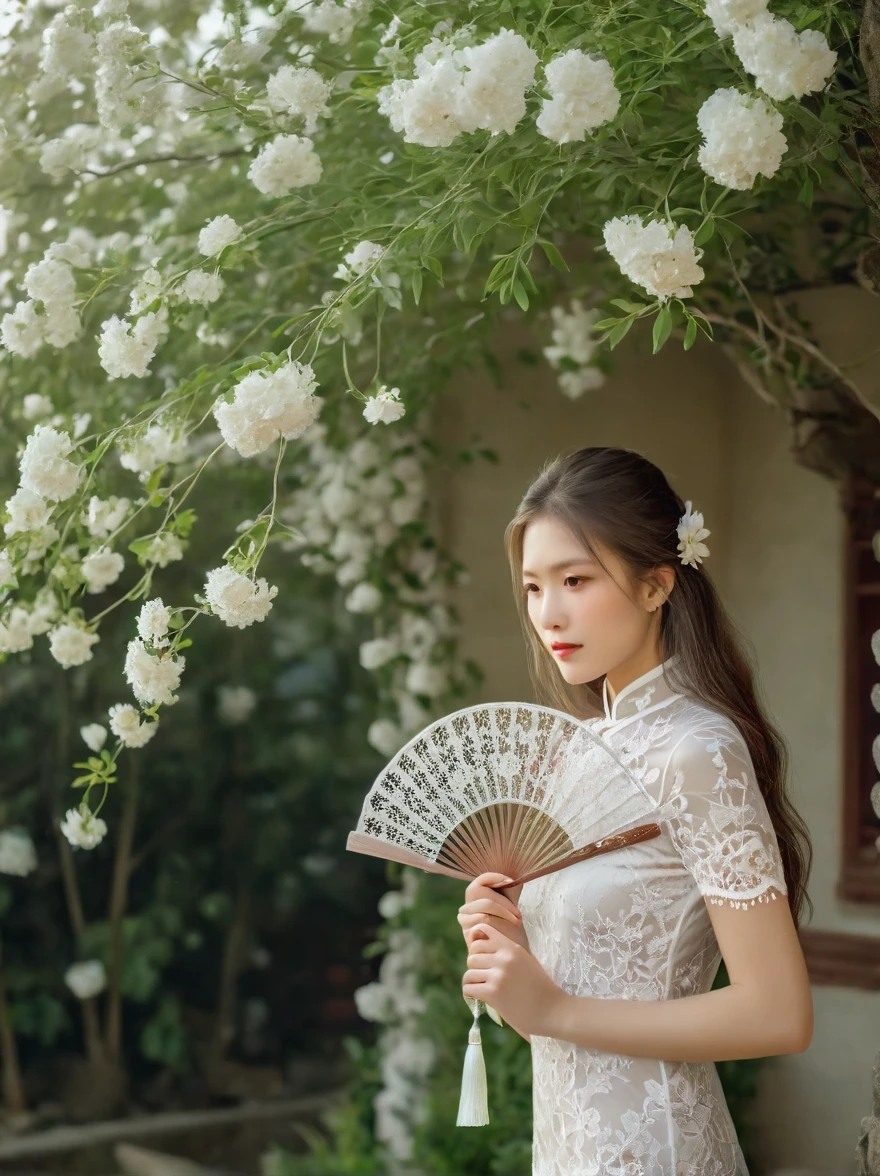 A beautiful European girl, Standing in the garden, Wearing white lace cheongsam, Holding an exquisite pure white lace fan, Covering your face, Fine workmanship of the fan, With white lace floral pattern, The girl has long hair, elegant, Soft light, diffusion, Soft and delicate colors, Natural light, Elegant and beautiful, Romanticism, Luminism, first-person view, cowboy shot, UHD, masterpiece, accurate, anatomically correct, high details, award winning, 8k