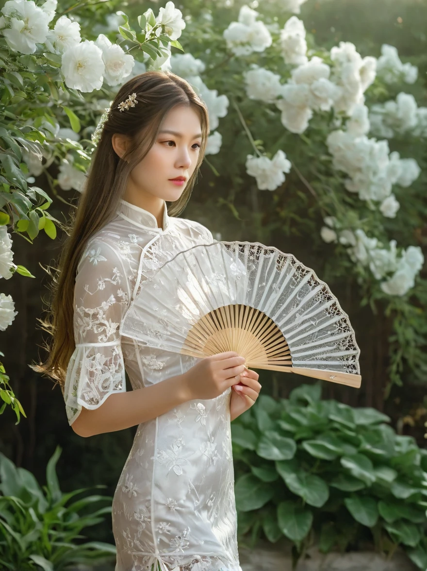 A beautiful European girl, Standing in the garden, Wearing white lace cheongsam, Holding an exquisite pure white lace fan, Covering your face, Fine workmanship of the fan, With white lace floral pattern, The girl has long hair, elegant, Soft light, diffusion, Soft and delicate colors, Natural light, Elegant and beautiful, Romanticism, Luminism, first-person view, cowboy shot, UHD, masterpiece, accurate, anatomically correct, high details, award winning, 8k