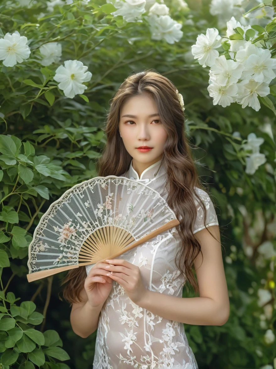 A beautiful European girl, Standing in the garden, Wearing white lace cheongsam, Holding an exquisite pure white lace fan, Covering your face, Fine workmanship of the fan, With white lace floral pattern, The girl has long hair, elegant, Soft light, diffusion, Soft and delicate colors, Natural light, Elegant and beautiful, Romanticism, Luminism, first-person view, cowboy shot, UHD, masterpiece, accurate, anatomically correct, high details, award winning, 8k