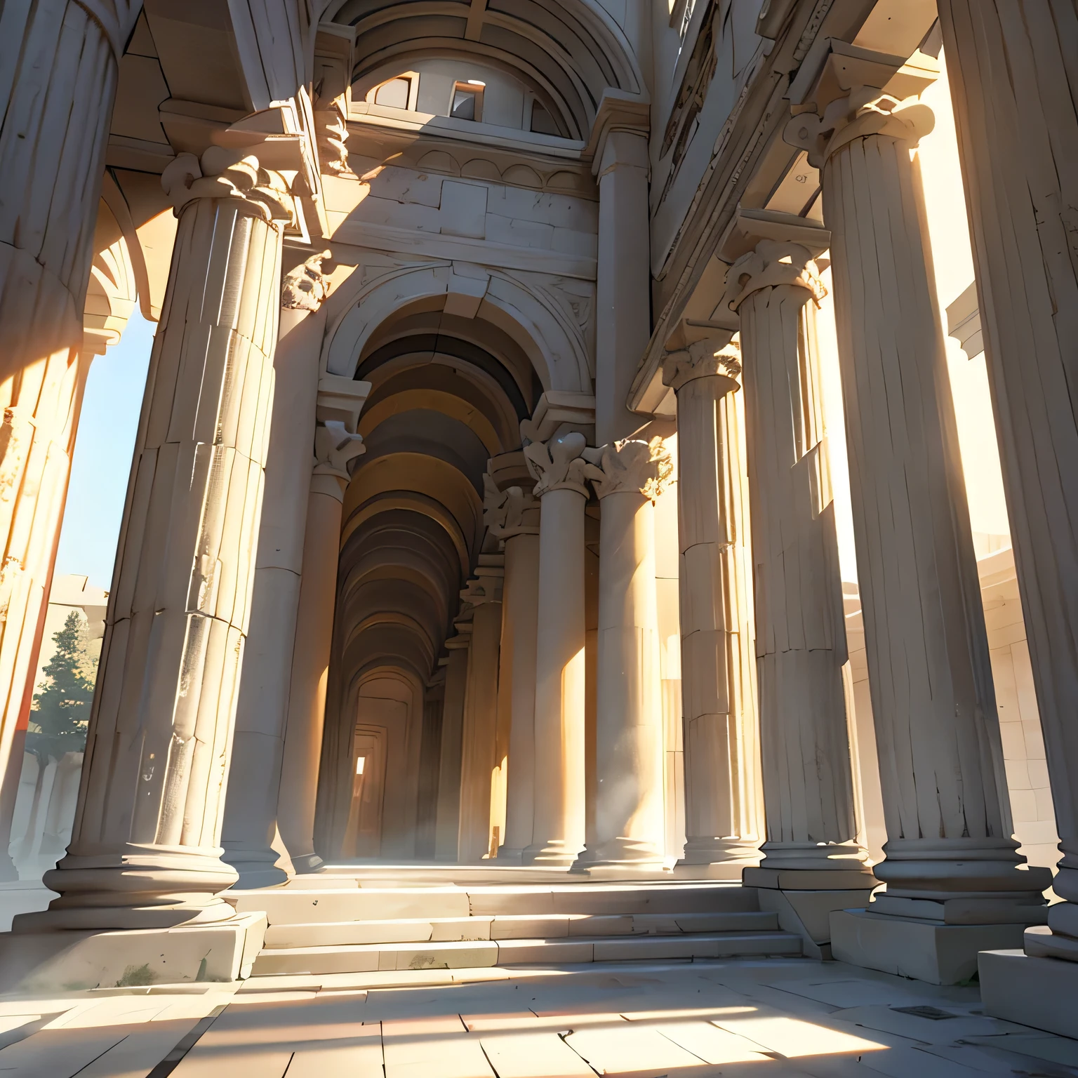 Roman temple, sunlight entering through the pilasters. Interior of a Roman temple, with large columns... High definition, ultra HD 4k.