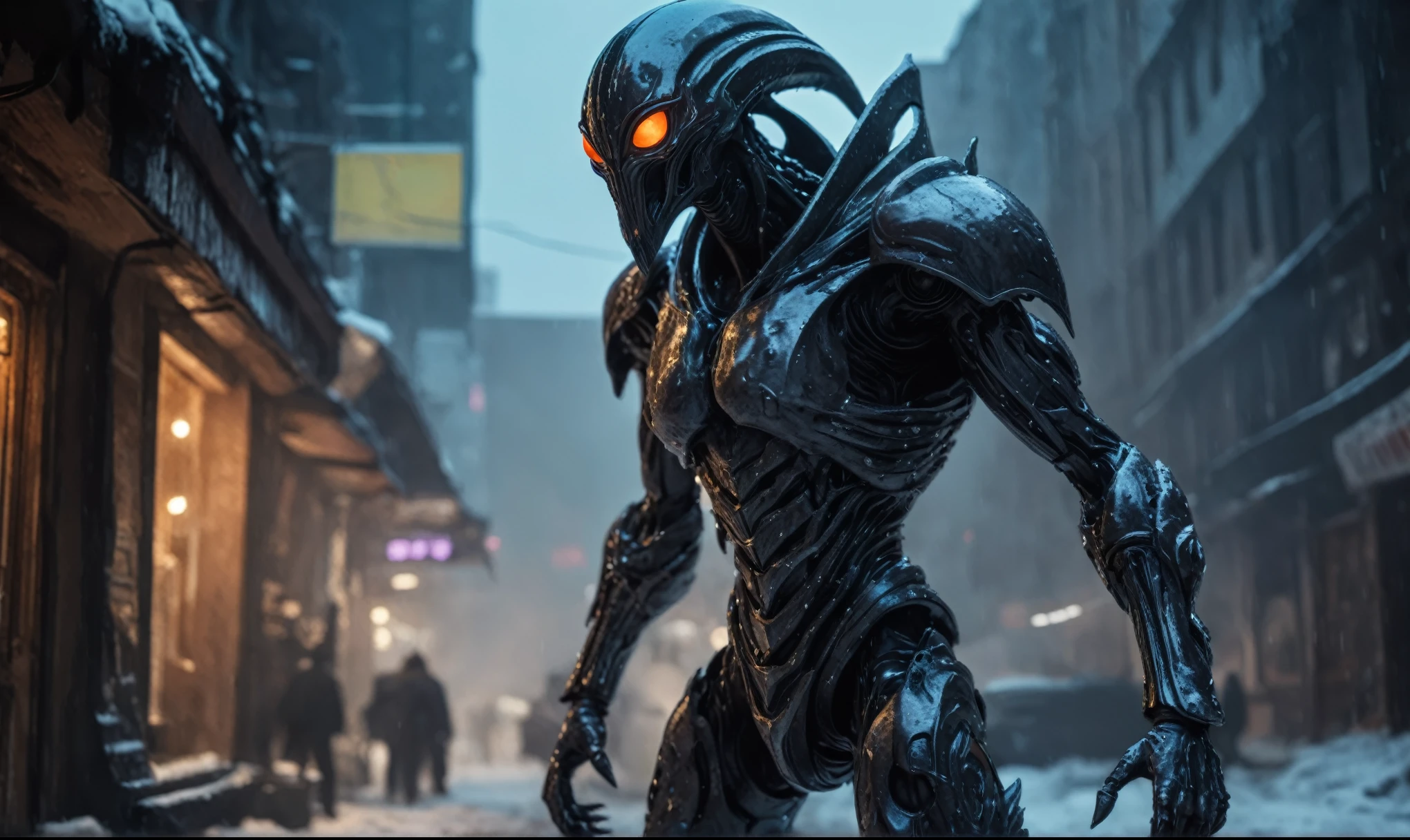 full body length shot,niobium Manganite (The Alien Entity:favn:0.5), wants eat,survival in criminal city of future,Cinematic,soft colors, Technicolor,natural skin textures, hyper realism, hyper detailed,Extremely detailed,High contrast,Masterpiece,Realistic,Ultra Detailed, intricate details,realistic humid leather,extremely intricate,Epic Realistic, cinematic style,irina yermolova,high contrast,HDR,extremely detailed, [deep night landscape],masterpiece,intricate details,faded,eyes extremely detailed, high detailed eyes,8k resolution,RAW,retina, Nikon Z9,winter