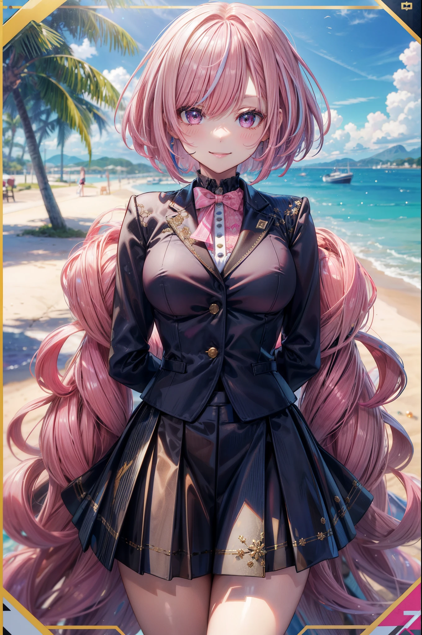 ((skirt suit:1.5)), ((black skirt)), break, 4 defined fingers, 1 defined thumb, looking at viewer, solo, 1 woman, 25 years old, AI generated, highest quality, masterpiece, skindentation, perfect face, 8k , cowboy shot, (short hair), (pink hair:1.5), bob cut, black eye, smile, thin thighs, medium breasts, perfect limbs, sexy, (visible nipples:0.7), (camel toe:0.5),, (Hands Behind Back), (bright seaside), standing, ((metallic costume)),