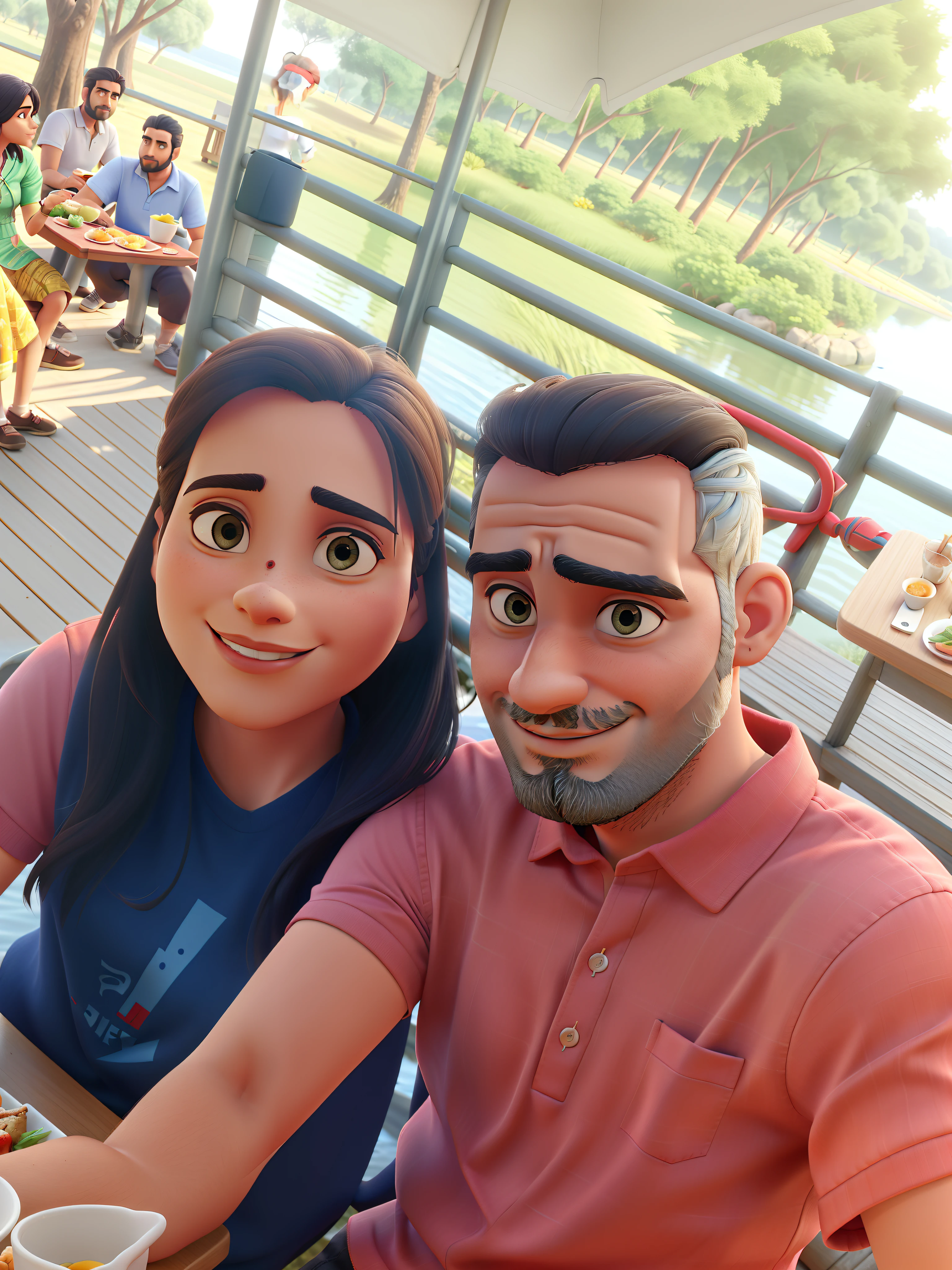 42-year-old man with almost grilled hair, 30 years old Indian woman, Lunch next to a lake and trees., both looking at the camera