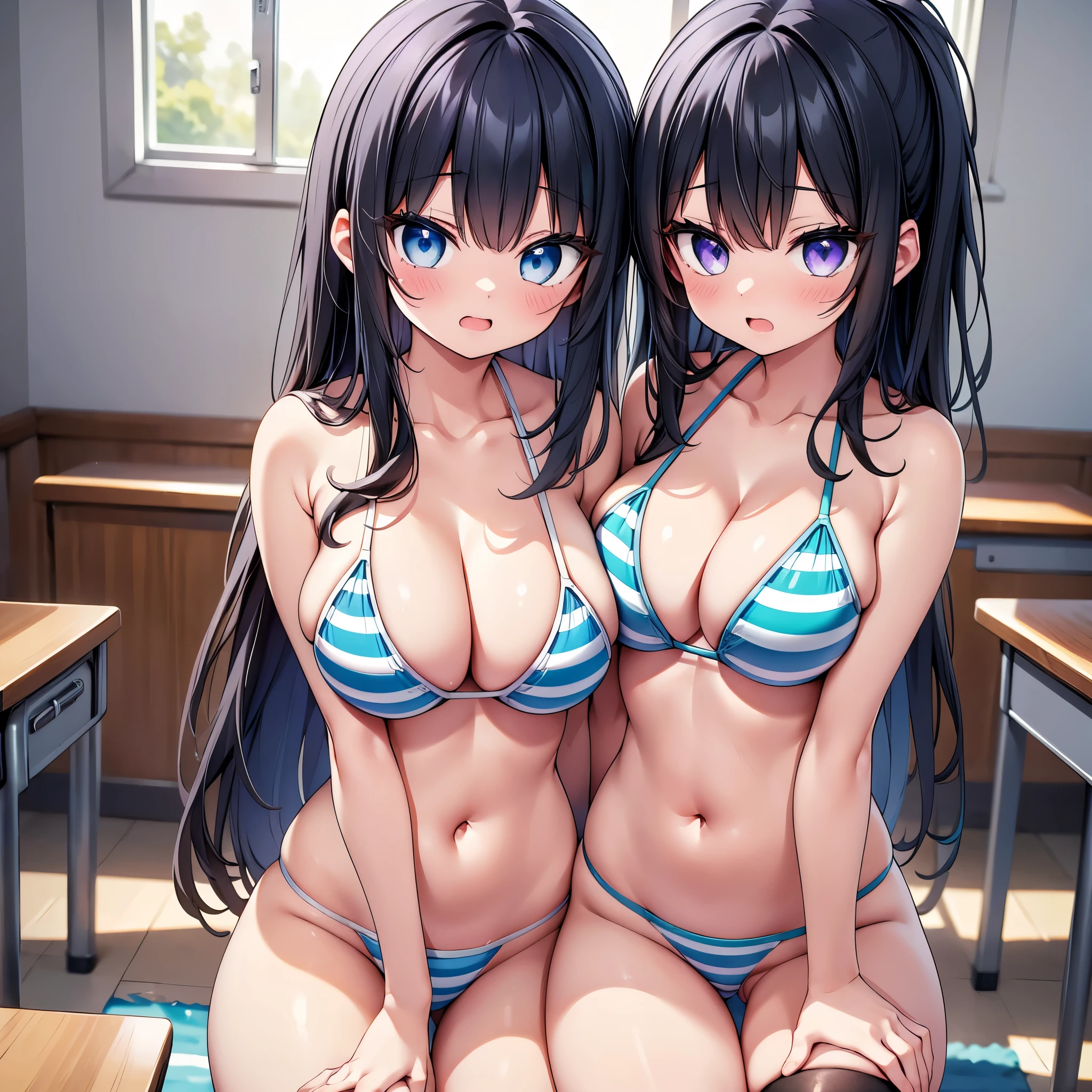 (cute eyes:1.2), (sparkling eyes:1.2), (8K、Best image quality、highest quality、masterpiece)、Detailed face、(2 girls)、Improve、(Black Hair, Purple Eyes, long hair)、(open mouth), (embarrassed), (skinny body:1.3),(huge breasts:1.1), (Light blue striped micro bikini:1.4), (cleavage), (crop top navel), Sit on a chair, Classroom Background, (black stockings:1.1), (Thighs:1.1), (Waistline:1.1),(close-up shot of bust)